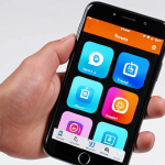 ** Hand swiping on a smartphone screen, showing app icons moving, signifying easy navigation and multitasking. The background should be vibrant and modern.

**
