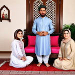 ** A family celebrating Eid al-Fitr in a beautifully decorated home, wearing traditional Pakistani clothing.

**