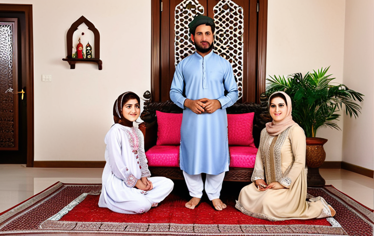 ** A family celebrating Eid al-Fitr in a beautifully decorated home, wearing traditional Pakistani clothing.
**
