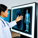 **

A doctor in a clean, modern hospital setting, fully clothed in professional medical attire, using gesture-controlled technology to examine a patient's medical scans on a large screen. The patient is also fully clothed and comfortable. Safe for work, appropriate content, perfect anatomy, natural proportions, professional medical environment.

**