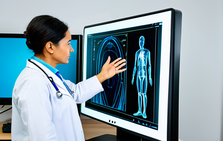 **
A doctor in a clean, modern hospital setting, fully clothed in professional medical attire, using gesture-controlled technology to examine a patient's medical scans on a large screen. The patient is also fully clothed and comfortable. Safe for work, appropriate content, perfect anatomy, natural proportions, professional medical environment.
**
