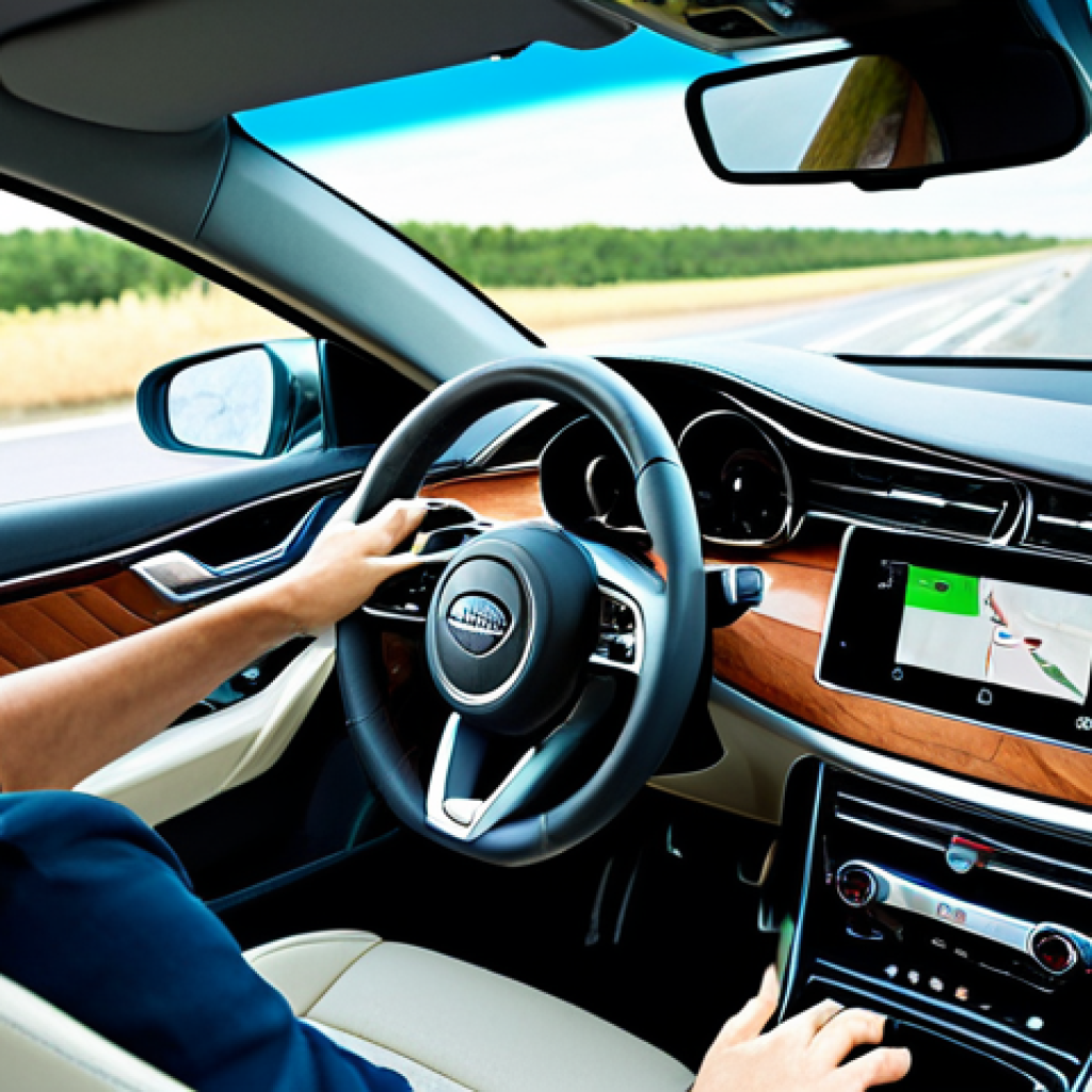 Gesture-Controlled Driving**
"A modern car interior, dashboard featuring a gesture control interface responding to the driver's hand. Driver fully clothed in modest attire, focusing on the road. Safe for work, appropriate content, well-lit, professional automobile photography, perfect anatomy, natural proportions, professional, family-friendly."
**