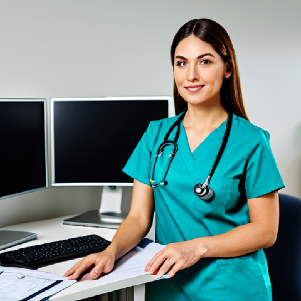 제스처 기반 인터페이스의 기술적 도전 과제 - **Subject:** Professional female doctor in a clean, modern hospital office. **Attire:** Fully clothe...