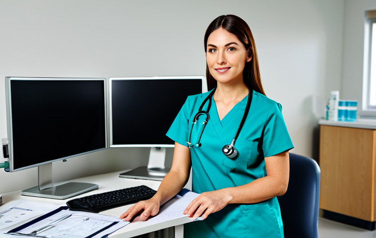 제스처 기반 인터페이스의 기술적 도전 과제 - **Subject:** Professional female doctor in a clean, modern hospital office. **Attire:** Fully clothe...