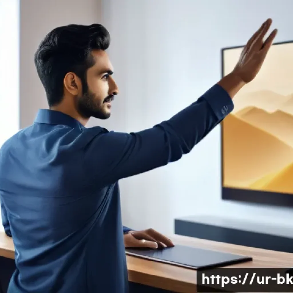 제스처 기반 인터페이스의 실제 사용자 경험 연구 - A modern office environment with a young South Asian man using gesture-based controls on a large sma...