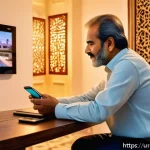Home 19 제스처 기반 인터페이스의 시장 전망 - A modern smart home interior in a Pakistani household at night, showing a middle-aged man using gest...