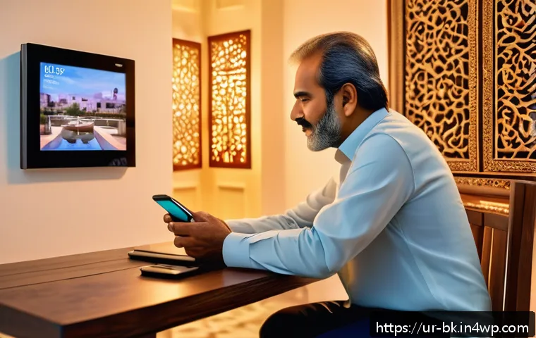 제스처 기반 인터페이스의 시장 전망 - A modern smart home interior in a Pakistani household at night, showing a middle-aged man using gest...