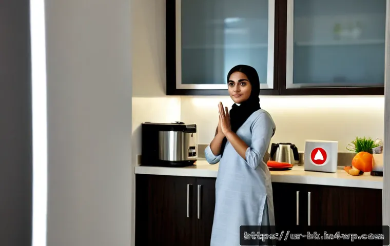 Home 17 제스처 기반 인터페이스의 안전성 문제 - Photorealistic safety-focused scene in a modern Karachi apartment, an Urdu-speaking Pakistani woman ...