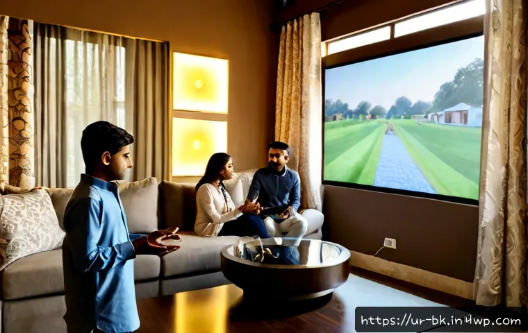 Home 17 제스처 기반 인터페이스의 인공지능 적용 가능성 - Photorealistic modern living room in Lahore, a Pakistani family using natural hand gestures to contr...